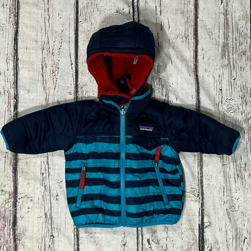 Patagonia Navy & Teal Striped Puffer Jacket with Red Lining - Kids